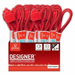 Globe 9-ft 16/2 Fabric Extension Cord, Right Angle Plug, 3 Outlets, Red