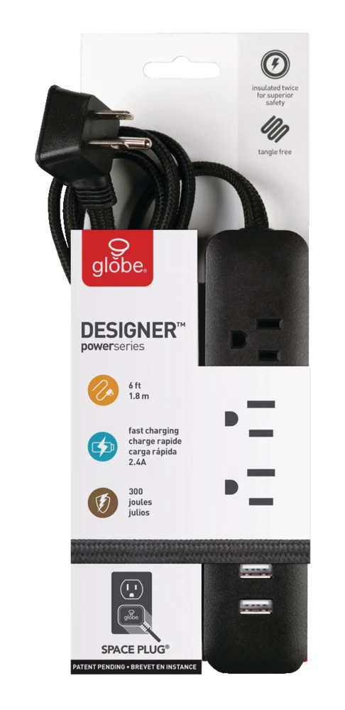 Globe Designer 3-Outlet Power Strip Surge Protector With 2 USB Outlets, Black, 6-ft 2 Globe Designer 3-Outlet Power Strip Surge Protector With 2 USB Outlets, Black, 6-ft - Image 2