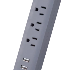 Globe 3-Outlet And 2 USB Port Power Bar Surge Protector, 6-ft Cord, 300 Joules, Right Angle Plug,Grey