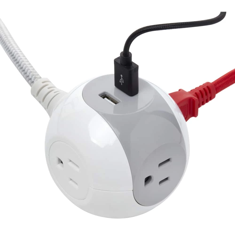 Globe 3-Outlet And 2 USB Port Power Bar With 5-ft Fabric Cord And Right Angle Plug, White/Grey 3 Globe 3-Outlet And 2 USB Port Power Bar With 5-ft Fabric Cord And Right Angle Plug, White/Grey - Image 3