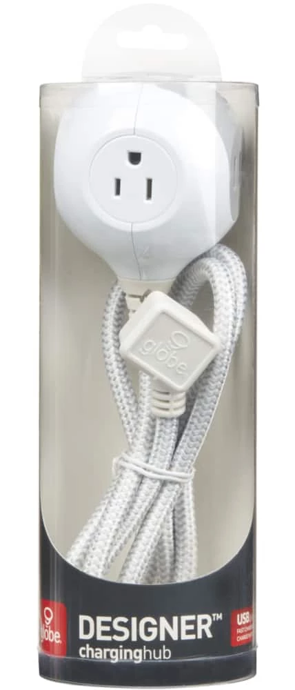 Globe 3-Outlet And 2 USB Port Power Bar With 5-ft Fabric Cord And Right Angle Plug, White/Grey 5 Globe 3-Outlet And 2 USB Port Power Bar With 5-ft Fabric Cord And Right Angle Plug, White/Grey - Image 5