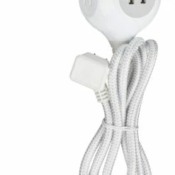 Globe 3-Outlet And 2 USB Port Power Bar With 5-ft Fabric Cord And Right Angle Plug, White/Grey