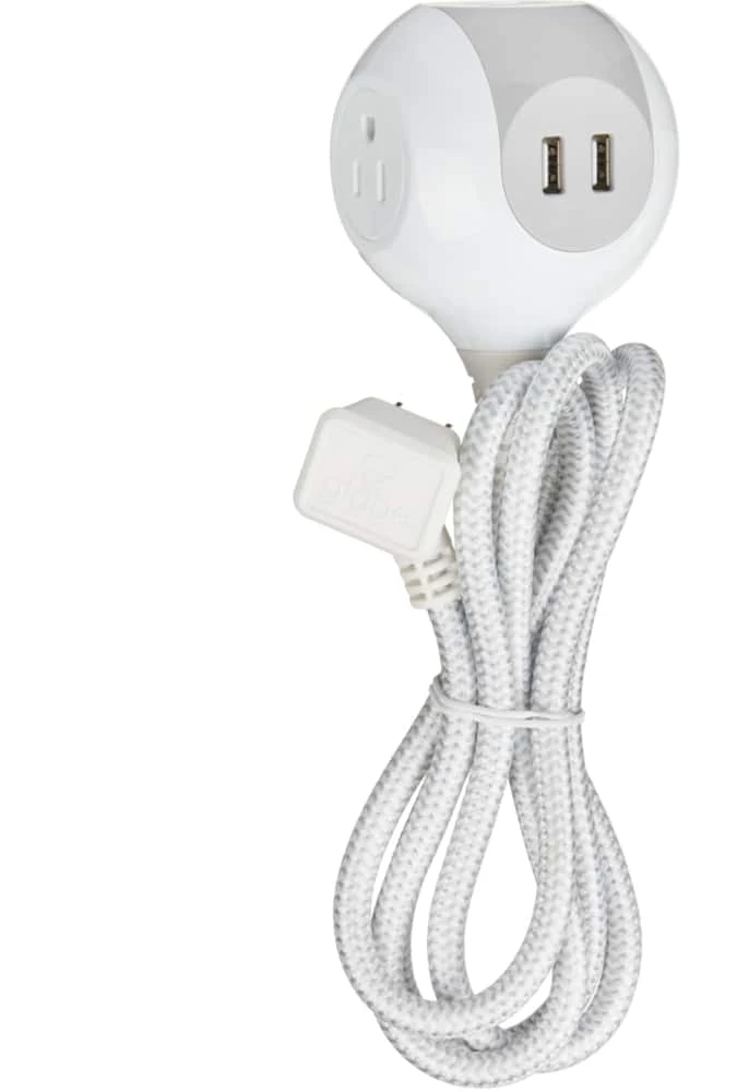 Globe 3-Outlet And 2 USB Port Power Bar With 5-ft Fabric Cord And Right Angle Plug, White/Grey 1 Globe 3-Outlet And 2 USB Port Power Bar With 5-ft Fabric Cord And Right Angle Plug, White/Grey