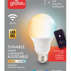 Globe Electric A19 Smart Wi-Fi Dimmable LED Light Bulb, 800 Lumens, Tunable White, 60W