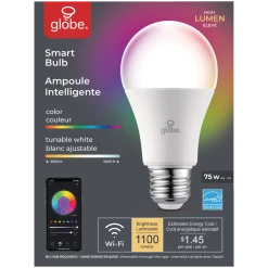 Globe Electric A19 Smart Wi-Fi LED Light Bulb, 1100 Lumens, Colour/Tunable White, 75W
