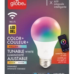 Globe Electric A19 Smart Dimmable LED Light Bulb, 800 Lumens, Colour/Tunable White, 60W