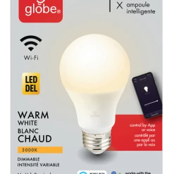 Globe Electric A19 E26, Smart Wi-Fi Dimmable LED Light Bulb, 800 Lumens, Warm White, 60W