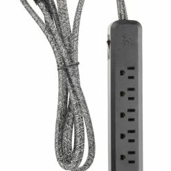 Globe 6-Outlet Power Bar With 6-ft Fabric Cord And Right Angle Plug, Black/Grey