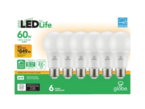 Globe Electric LED A19 E26 Base Dimmable LED Light Bulbs, 810 Lumens, Warm Light, 60W, 6-pk -Globe Sales Shop globe led a19 60w equivalent dimmable energy star 6 pack e550237a d49f 497a a5e5 526ae4ba807b