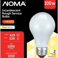 Globe NOMA A19 E26 Base Frosted Dimmable Incandescent Light Bulbs, Warm White, 100W, 2-pk