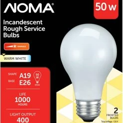 Globe NOMA A19 E26 Base Dimmable Incandescent Light Bulbs, 400 Lumens, Warm White, 50W, 2-pk