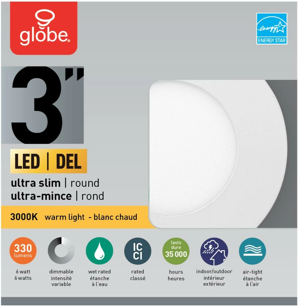 Globe Electric Ultra-Slim Round LED Recessed Lighting Kit, 3-in, Assorted Colours 1 Globe Electric Ultra-Slim Round LED Recessed Lighting Kit, 3-in, Assorted Colours